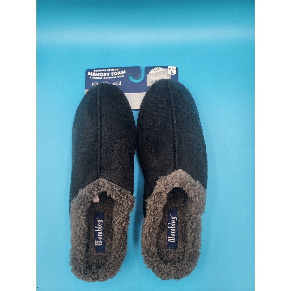 NEW Wembley Mens Black & Gray Fleece Lined Suede Slippers Size L 9.5-10.5
